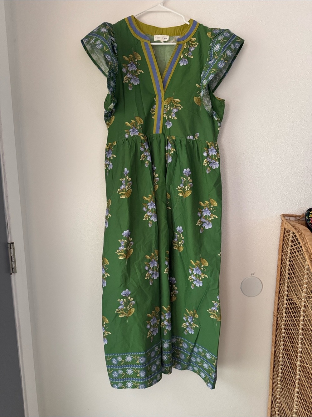Entro Green Floral Midi A-Line Dress V-Neck Small